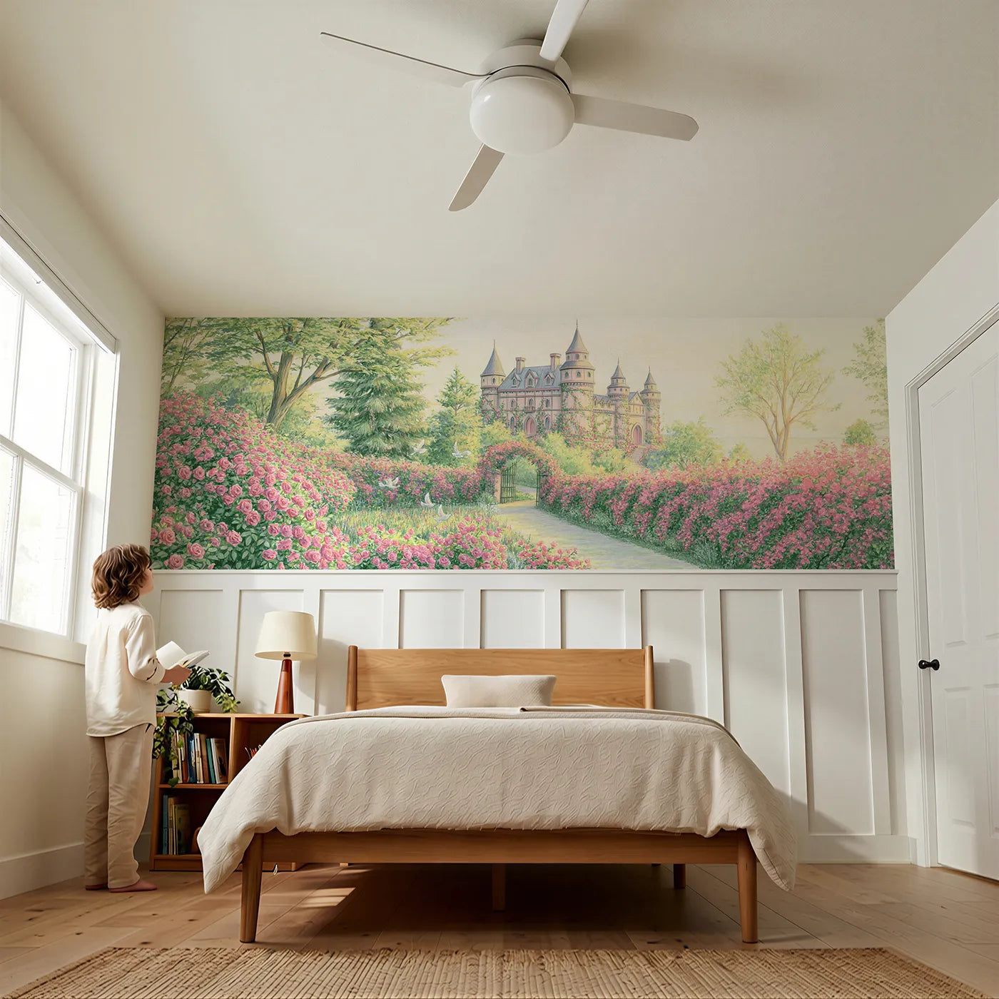 Child reading near The Castle In The Roses Wainscoting Wallpaper by Whimsy Tots