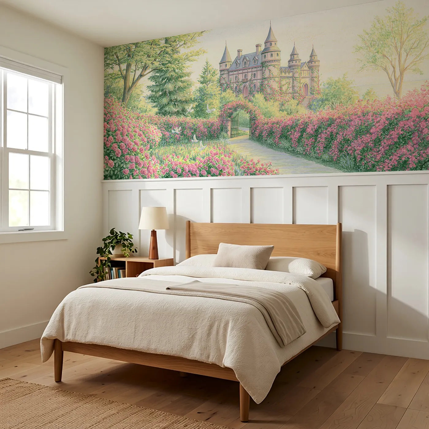 The Castle In The Roses Wainscoting Wallpaper styled in a kids room by Whimsy Tots