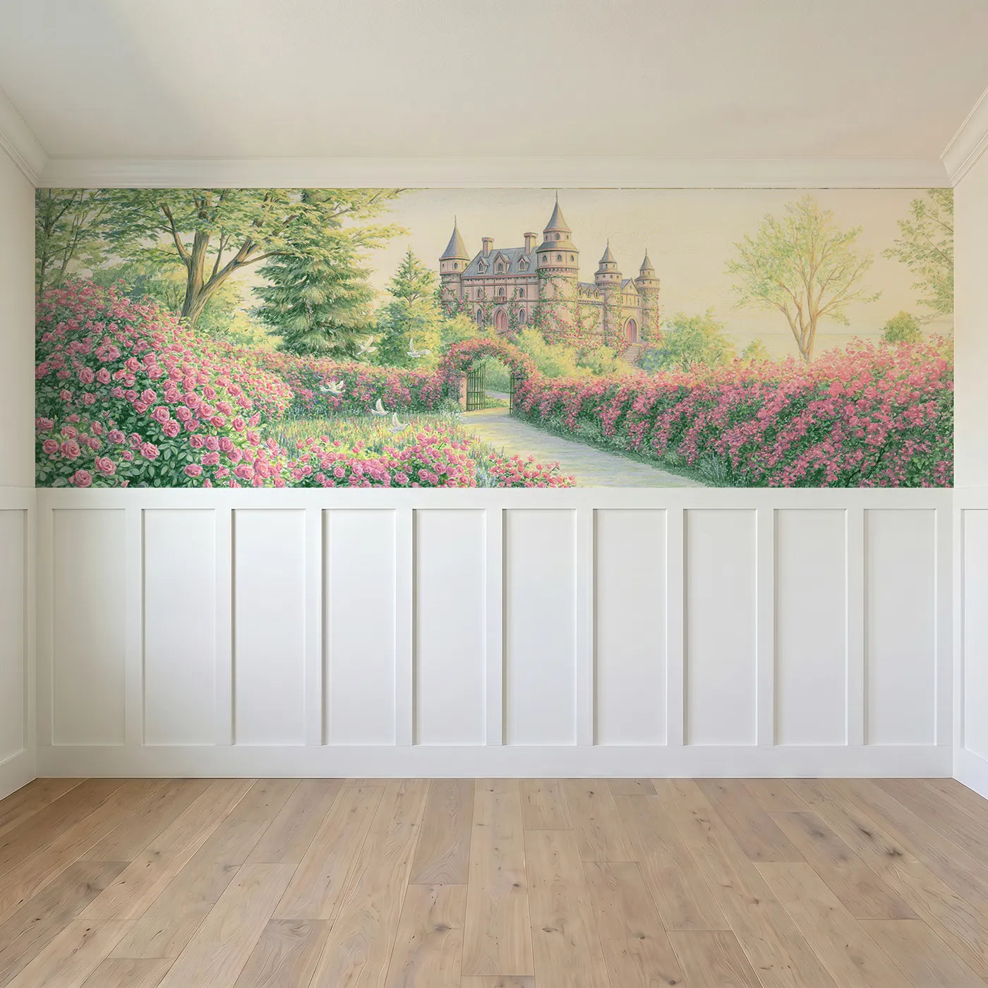 Full panel view of The Castle In The Roses Wainscoting Wallpaper by Whimsy Tots