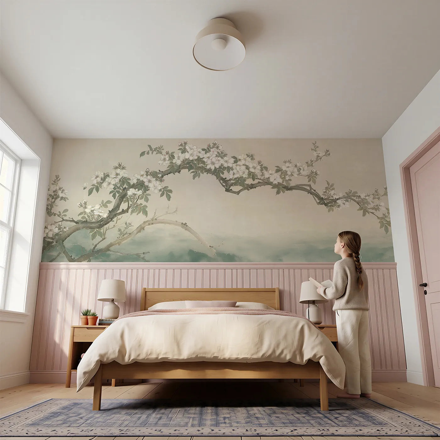 Child reading near The Rose Arbour Wainscoting Wallpaper by Whimsy Tots