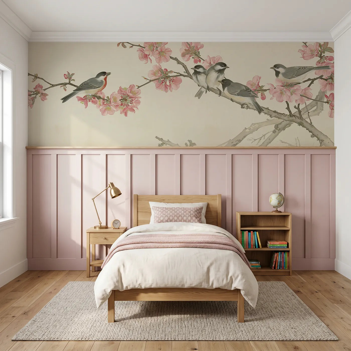 Chinoiserie wainscoting wallpaper of songbirds on the quince branch by Whimsy Tots