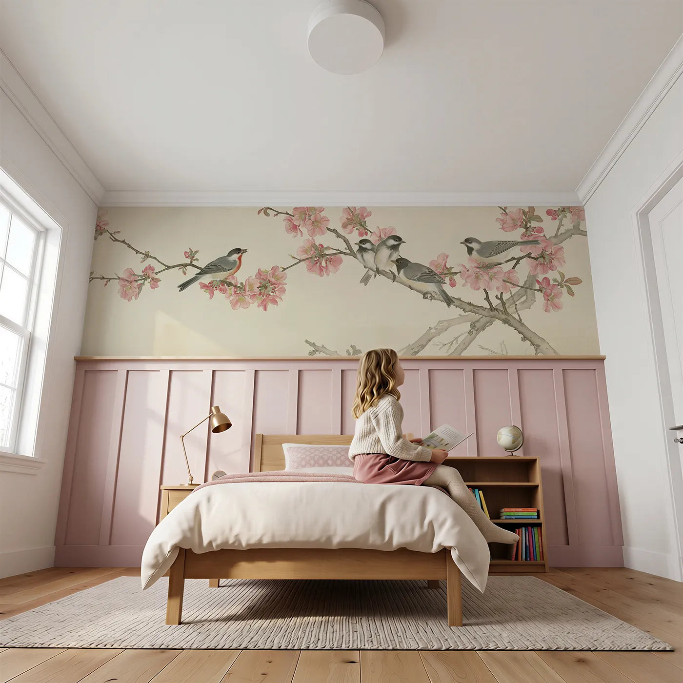 Child reading near Songbirds On The Quince Branch Wainscoting Wallpaper by Whimsy Tots