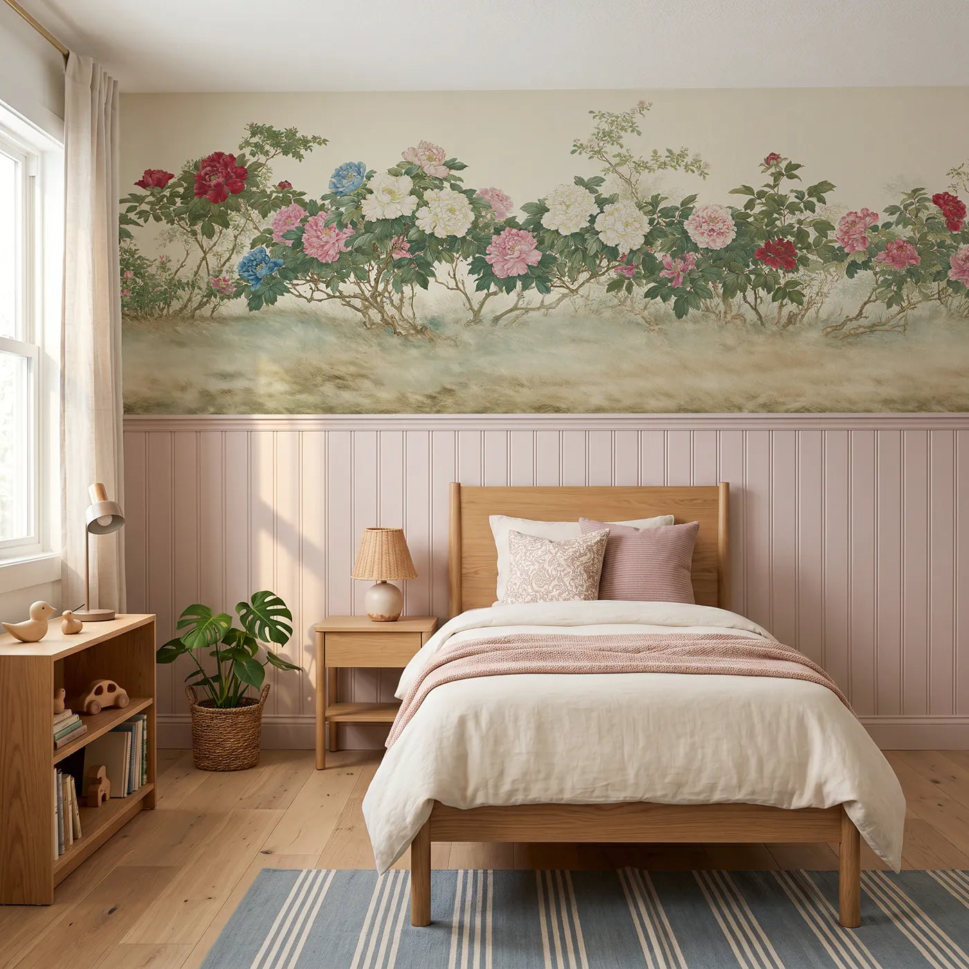 Chinoiserie wainscoting wallpaper of the peony border by Whimsy Tots