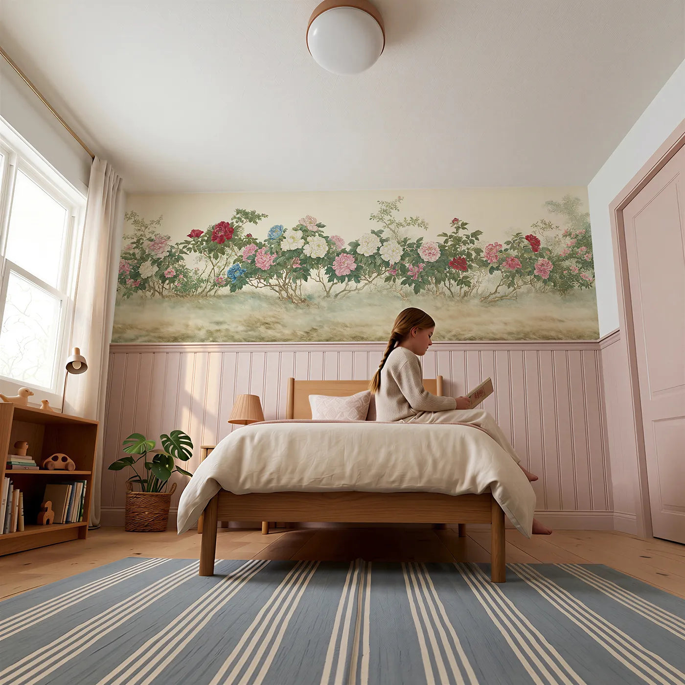 Child reading near The Peony Border Wainscoting Wallpaper by Whimsy Tots