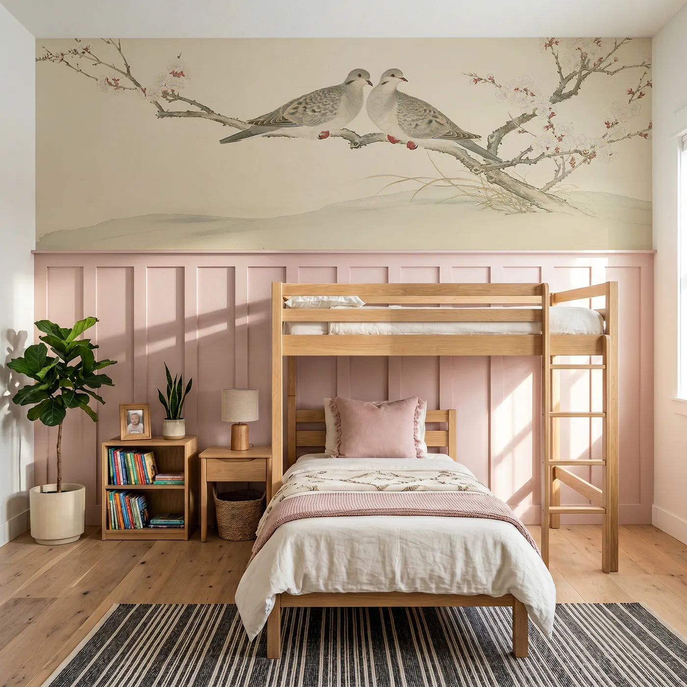 Chinoiserie wainscoting wallpaper of the dove pair on branch by Whimsy Tots