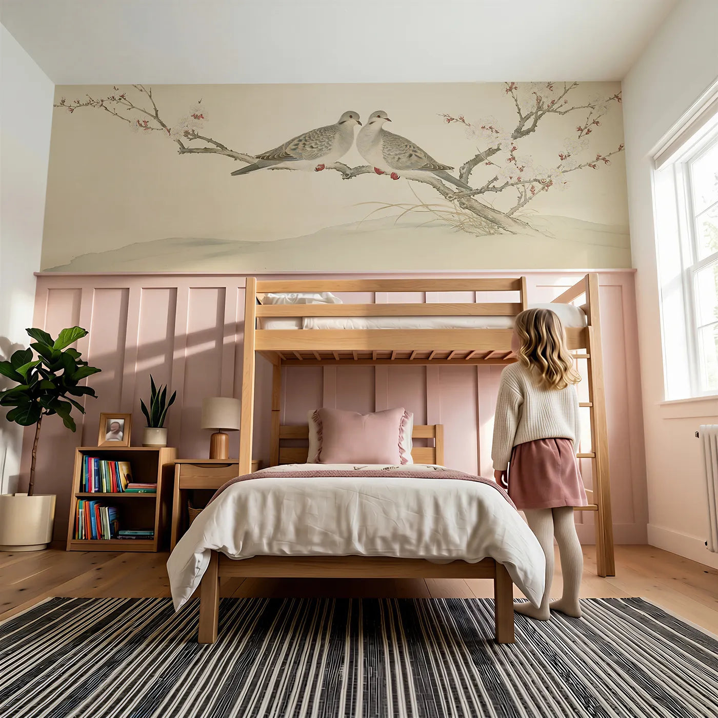 Child reading near Dove Pair On Branch Wainscoting Wallpaper by Whimsy Tots