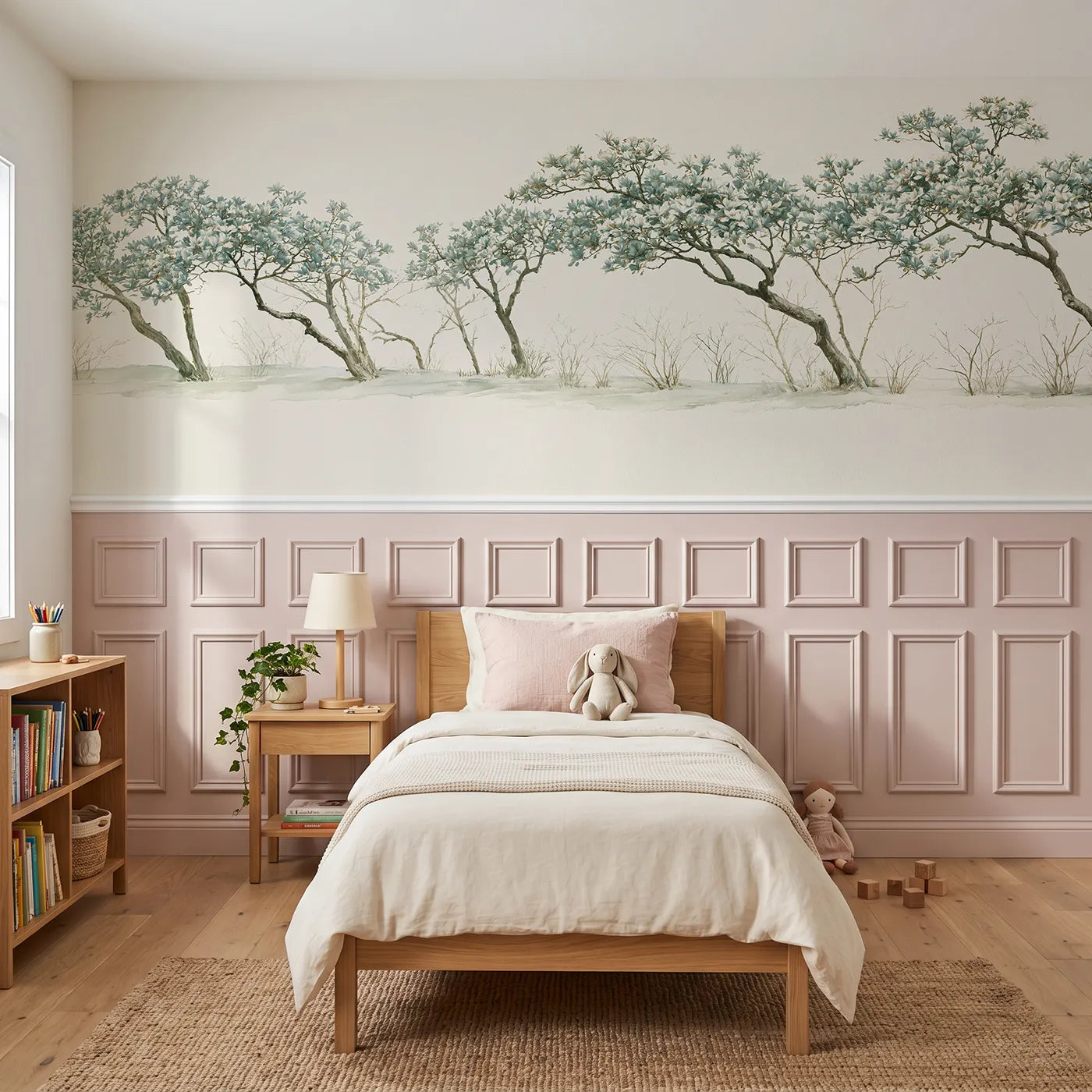 Chinoiserie wainscoting wallpaper of the formal blossom walk by Whimsy Tots