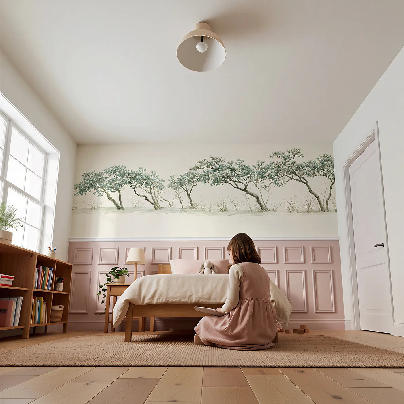 Child reading near The Formal Blossom Walk Wainscoting Wallpaper by Whimsy Tots