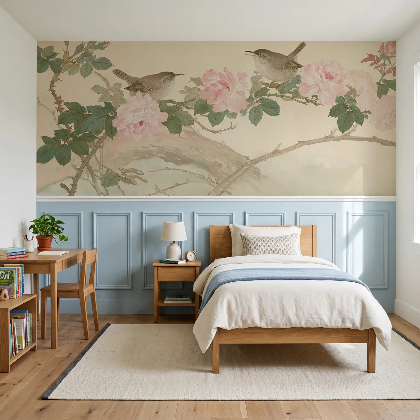 Chinoiserie wainscoting wallpaper of the wren in the rose by Whimsy Tots