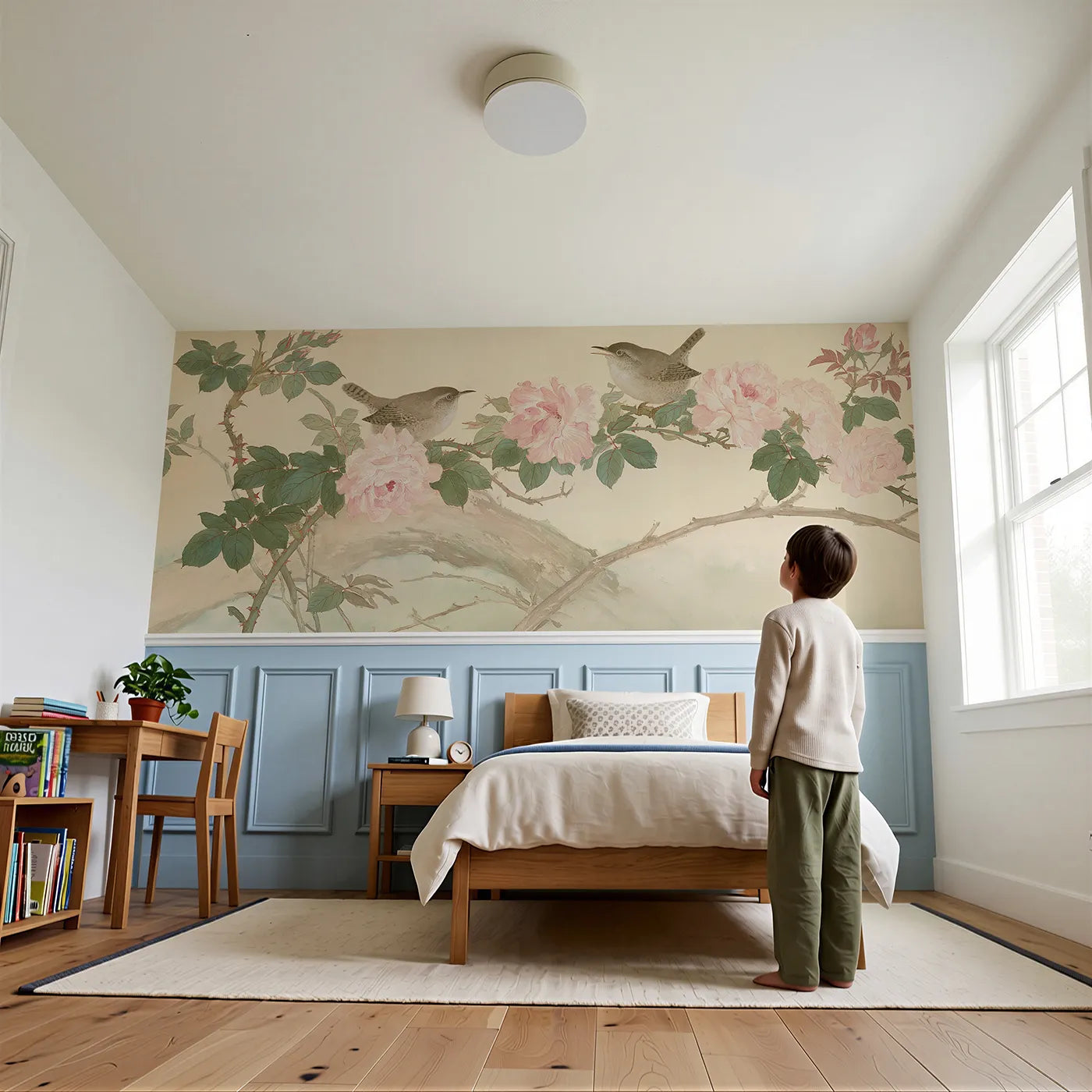 Child reading near Wren In The Rose Wainscoting Wallpaper by Whimsy Tots