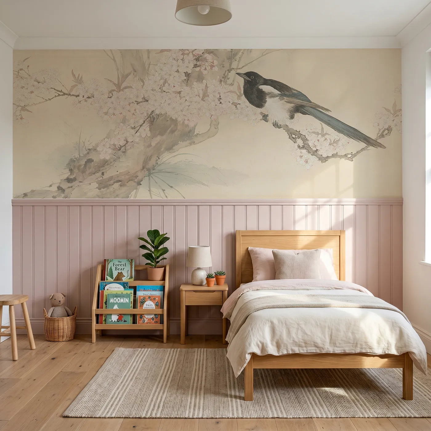 Chinoiserie wainscoting wallpaper of the magpie on may branch by Whimsy Tots