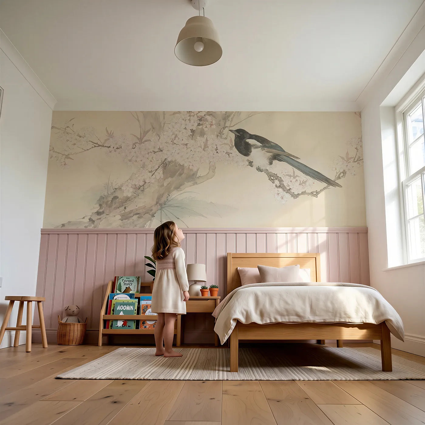Child reading near Magpie On May Branch Wainscoting Wallpaper by Whimsy Tots