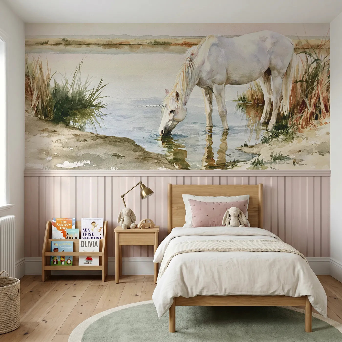 Watercolor wainscoting wallpaper of drinking at the spring by Whimsy Tots