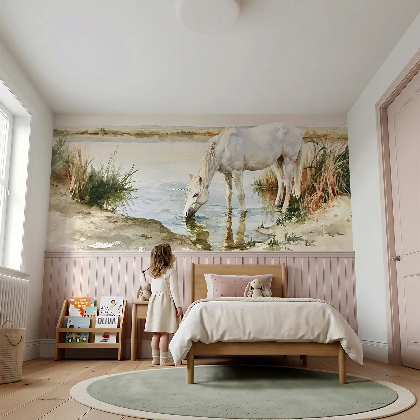 Child reading near Drinking At The Spring Wainscoting Wallpaper by Whimsy Tots