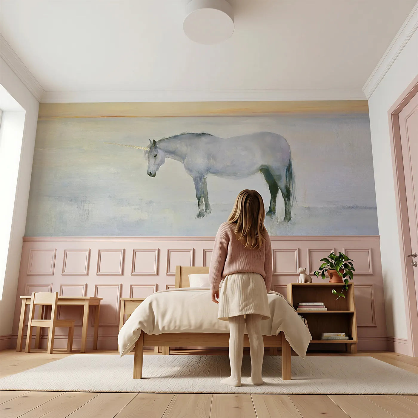 Child reading near The Horn At First Light Wainscoting Wallpaper by Whimsy Tots