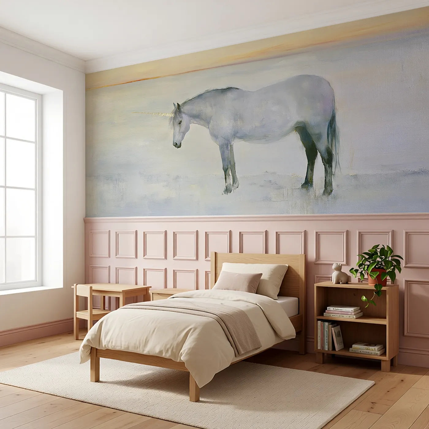 The Horn At First Light Wainscoting Wallpaper styled in a kids room by Whimsy Tots