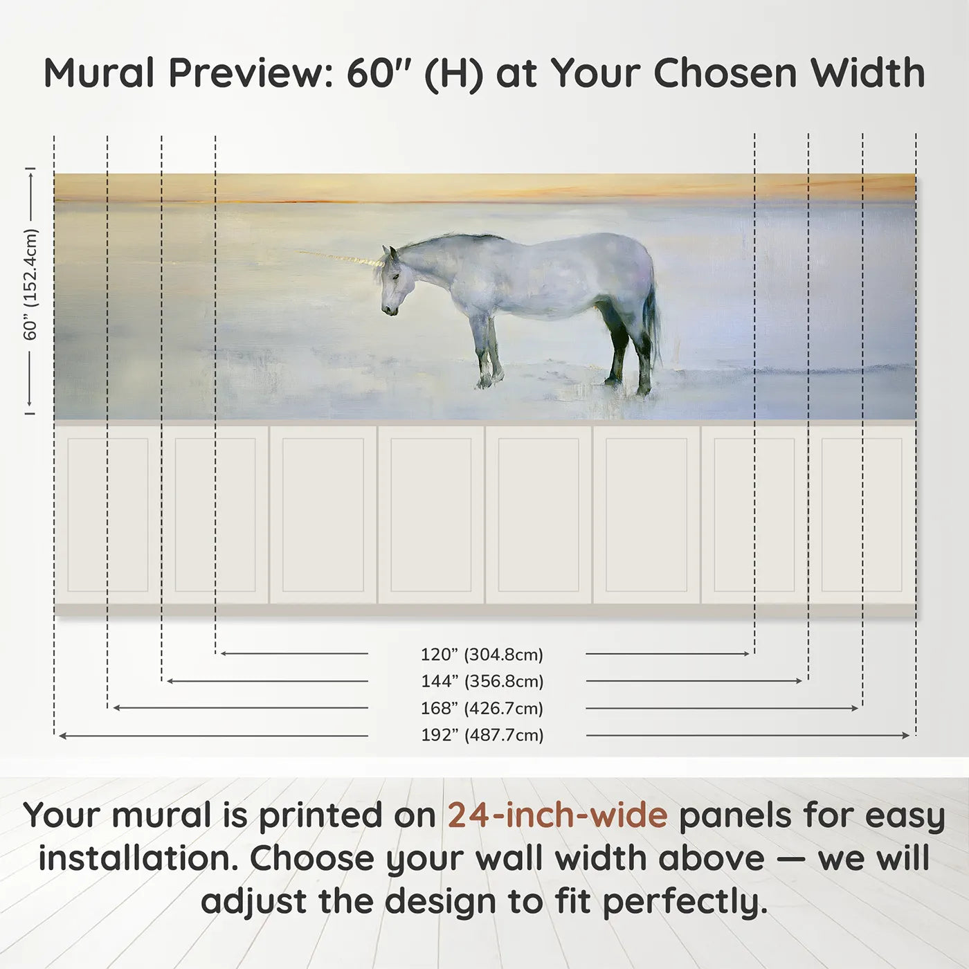 Panel dimensions for The Horn At First Light Wainscoting Wallpaper by Whimsy Tots