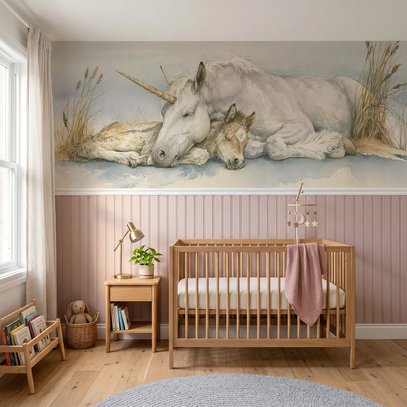Soft pastel wainscoting wallpaper of the foal against the mother by Whimsy Tots