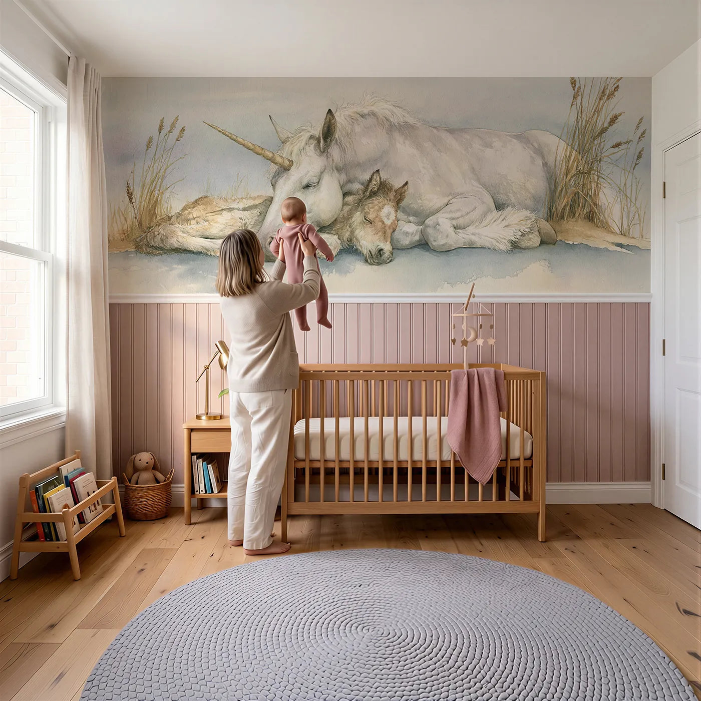 Child reading near Foal Against The Mother Wainscoting Wallpaper by Whimsy Tots