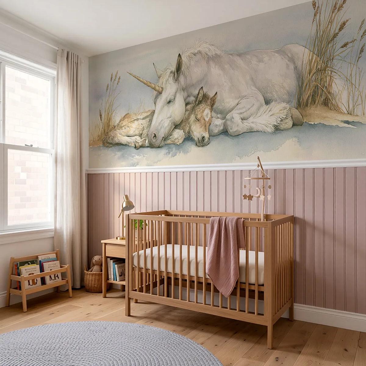 Foal Against The Mother Wainscoting Wallpaper styled in a kids room by Whimsy Tots