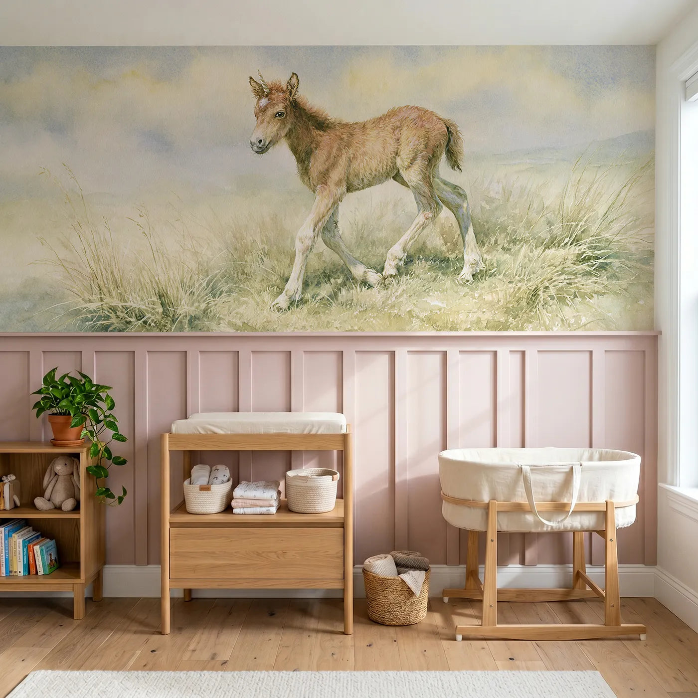 Storybook wainscoting wallpaper of finding its legs by Whimsy Tots