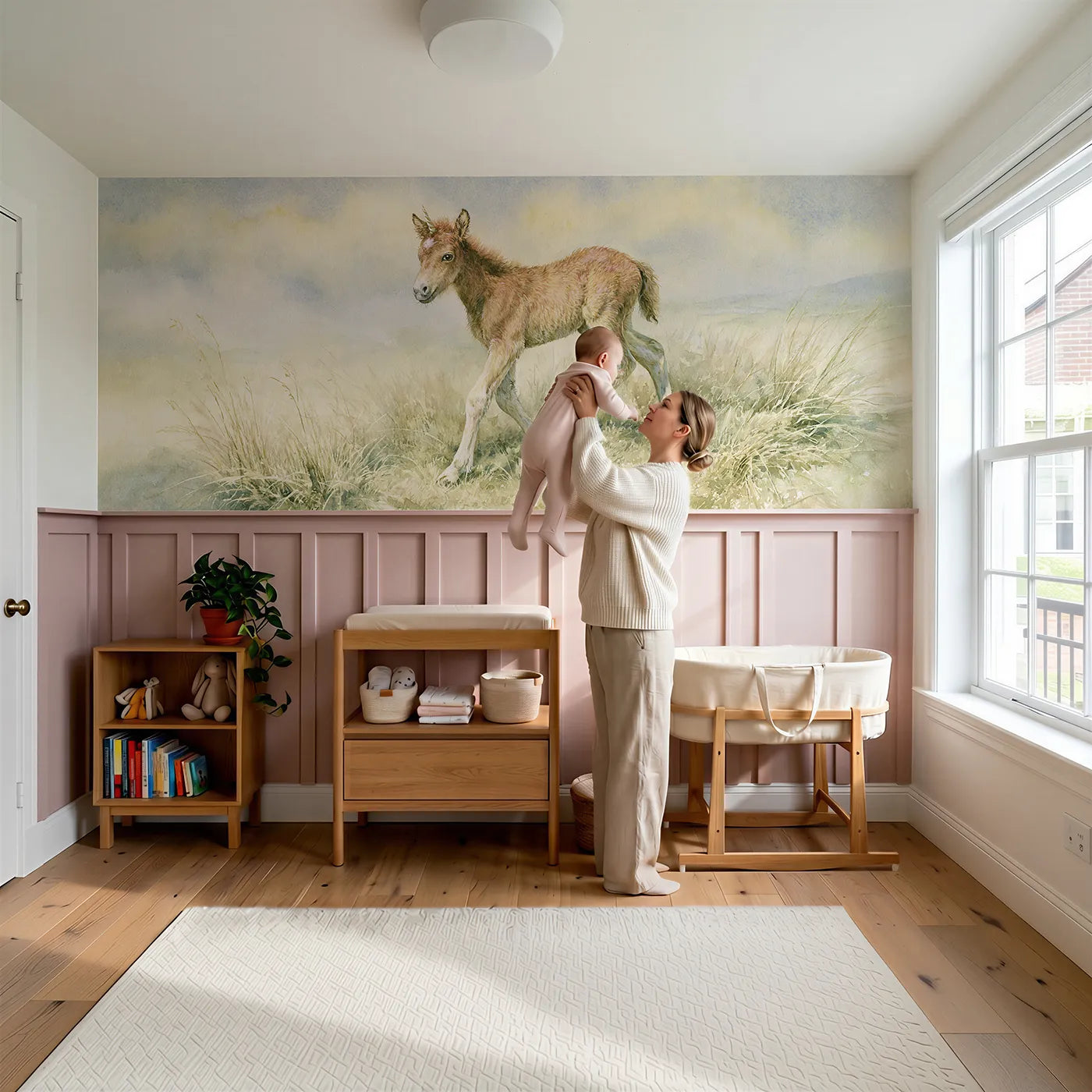 Child reading near Finding Its Legs Wainscoting Wallpaper by Whimsy Tots