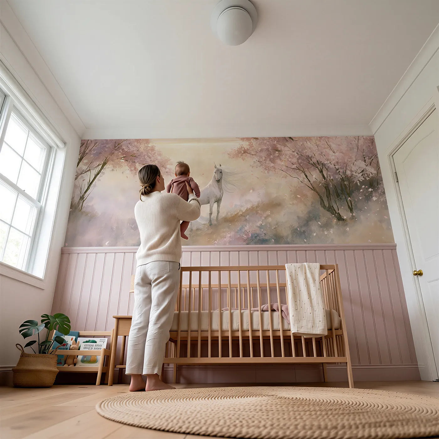 Child reading near White Mane In The Wind Wainscoting Wallpaper by Whimsy Tots