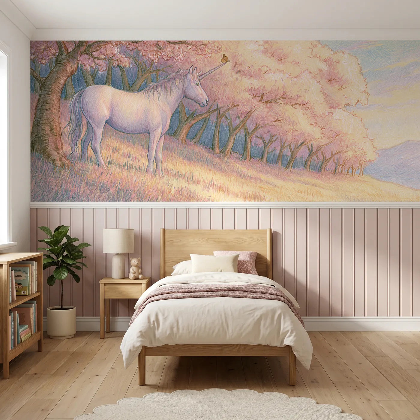 Colored pencil wainscoting wallpaper of the butterfly on the horn by Whimsy Tots