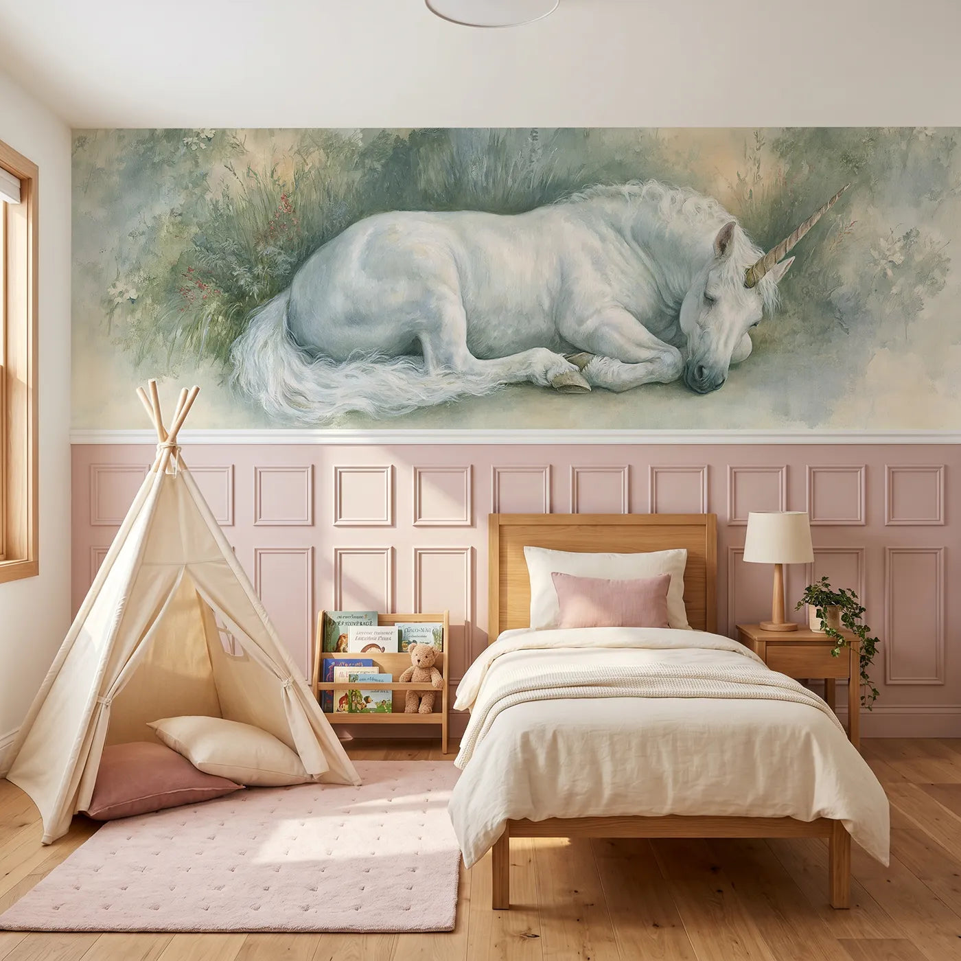 Soft pastel wainscoting wallpaper of curled in the silver glade by Whimsy Tots