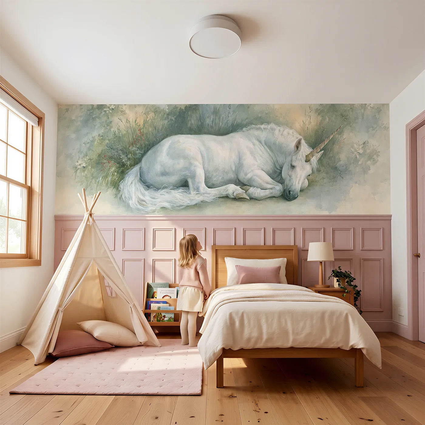 Child reading near Curled In The Silver Glade Wainscoting Wallpaper by Whimsy Tots