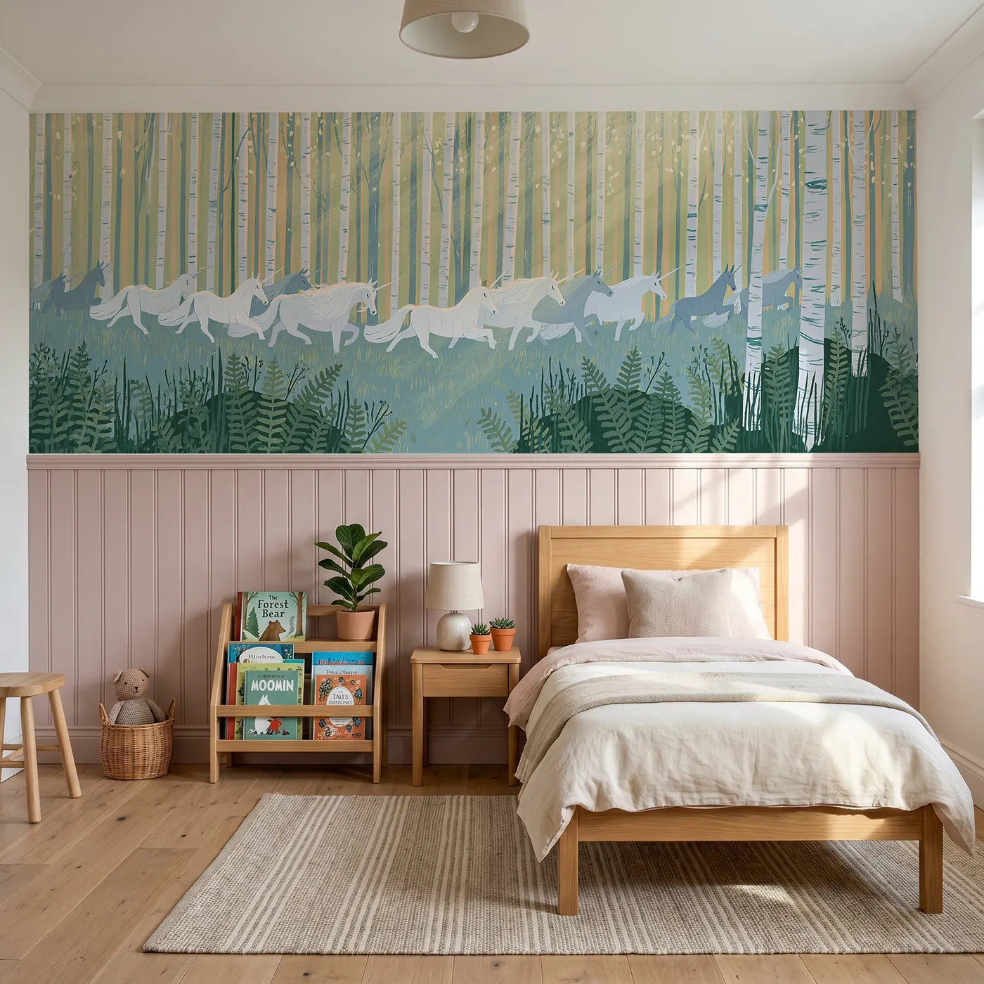 Modern illustration wainscoting wallpaper of crossing in the mist by Whimsy Tots