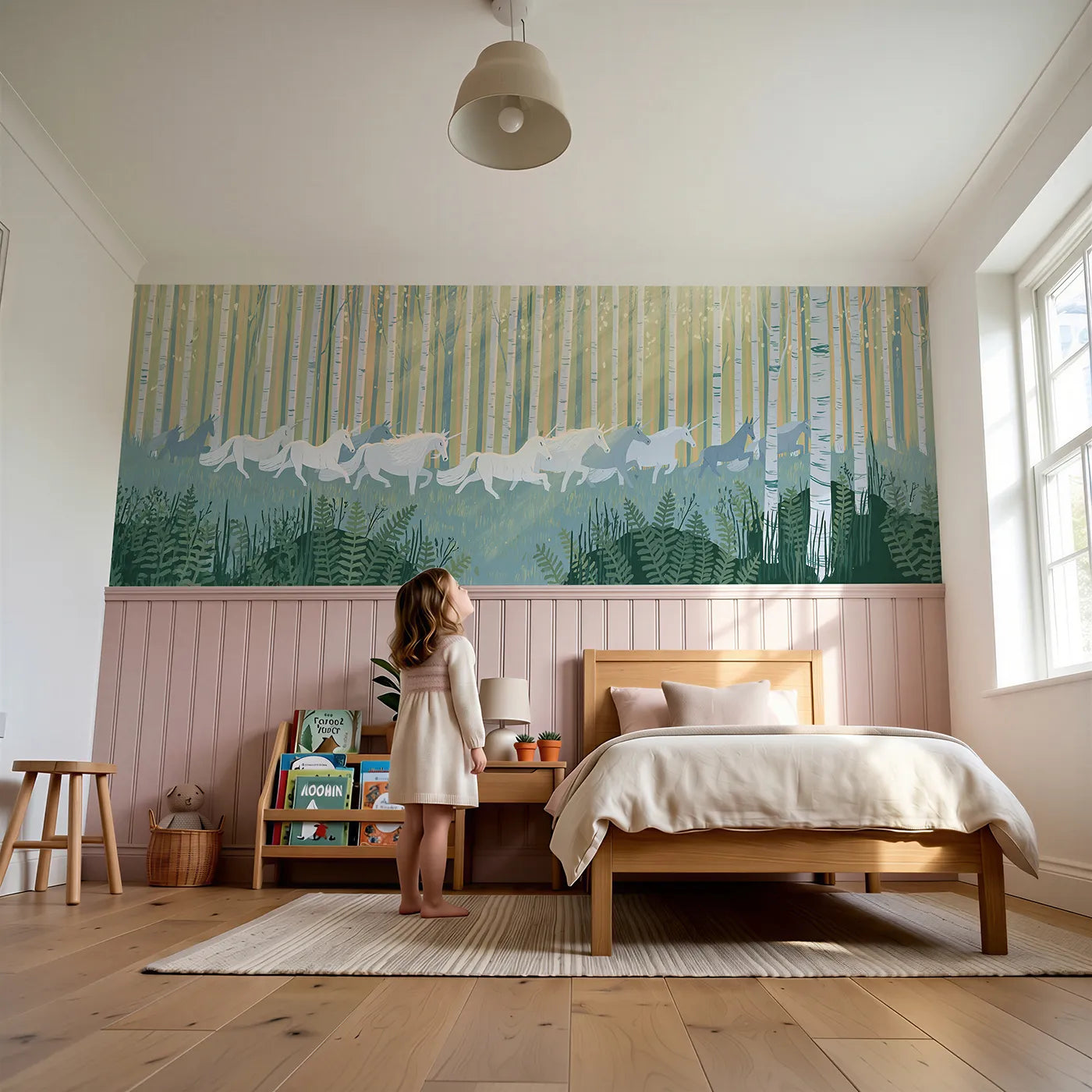Child reading near Crossing In The Mist Wainscoting Wallpaper by Whimsy Tots