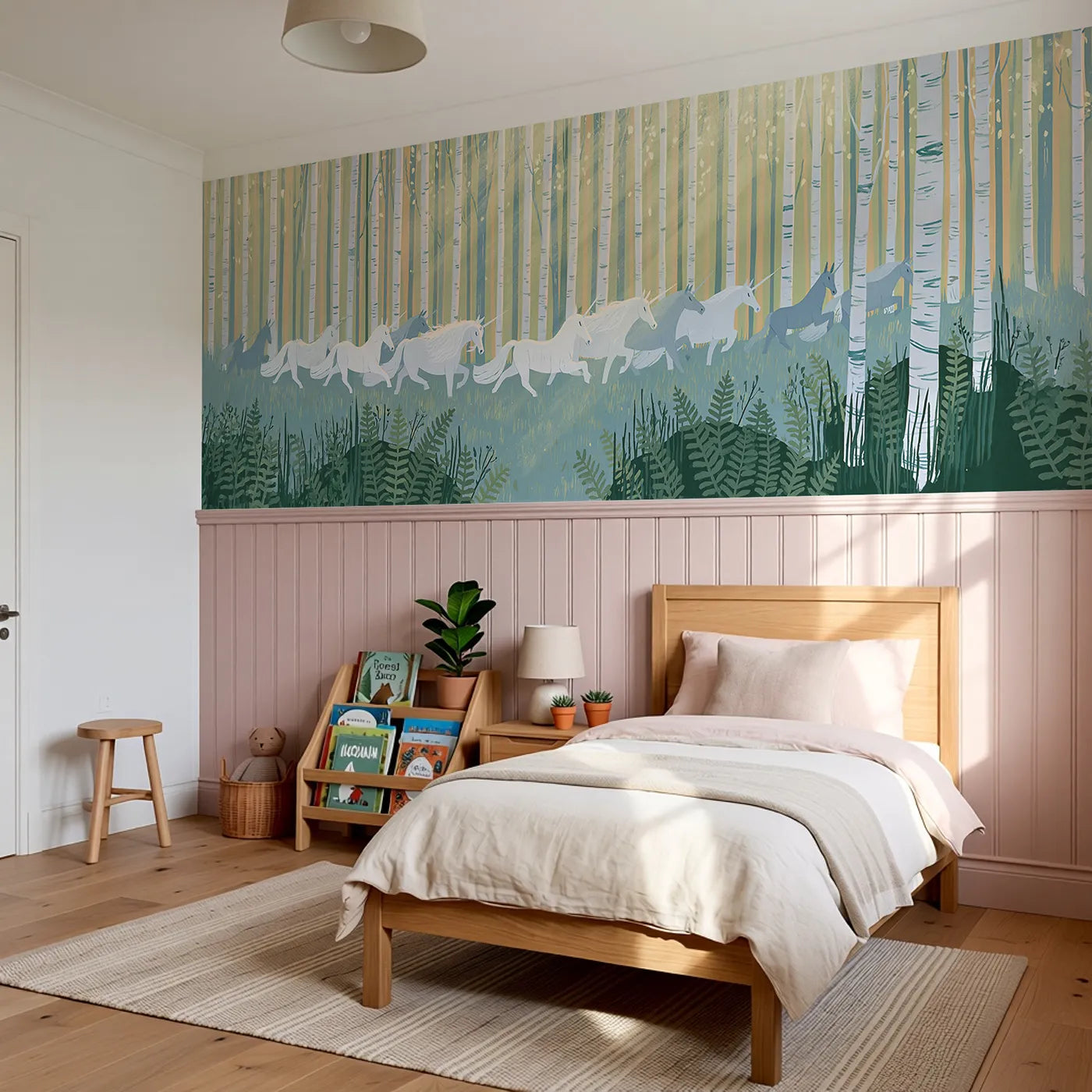 Crossing In The Mist Wainscoting Wallpaper styled in a kids room by Whimsy Tots