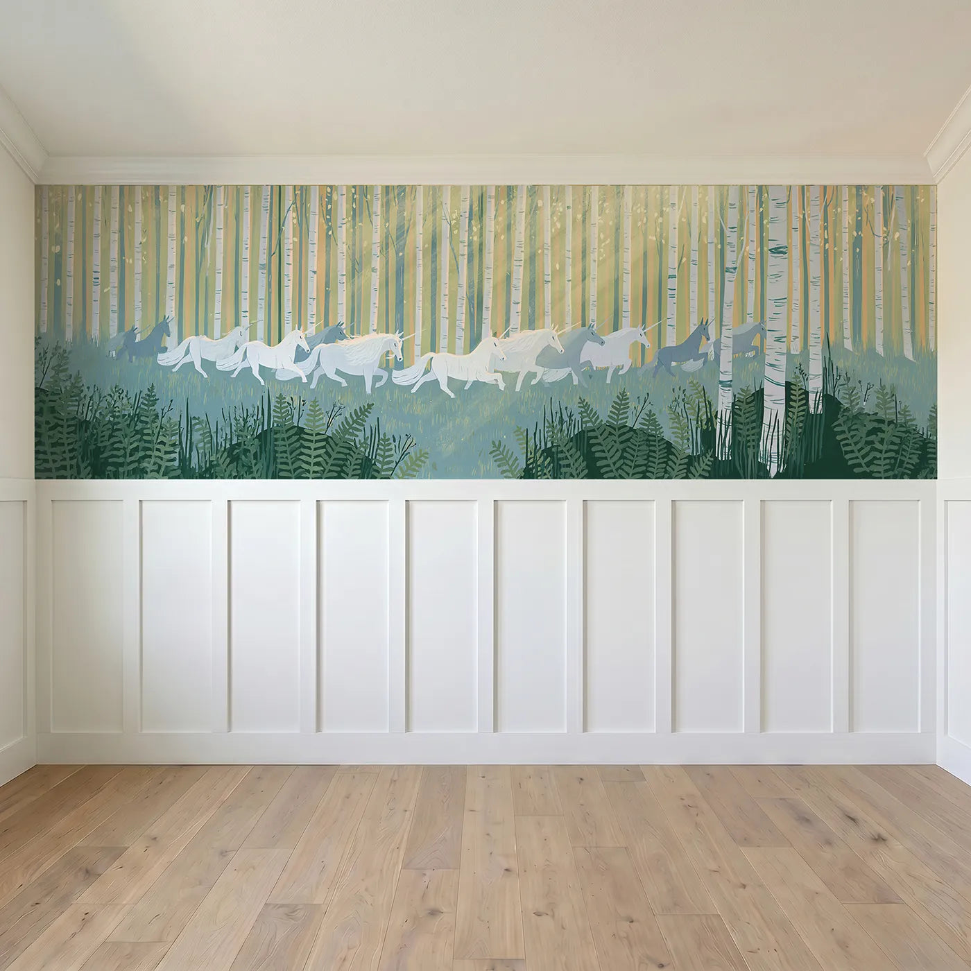 Full panel view of Crossing In The Mist Wainscoting Wallpaper by Whimsy Tots