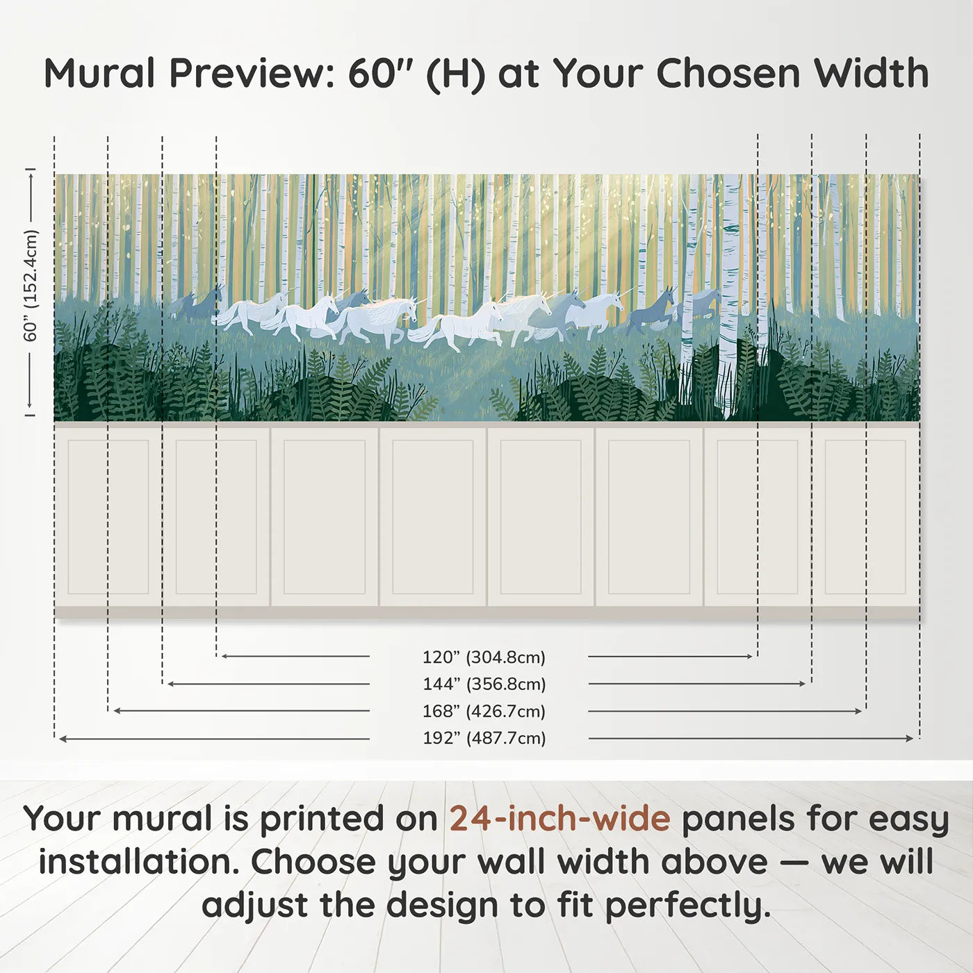 Panel dimensions for Crossing In The Mist Wainscoting Wallpaper by Whimsy Tots