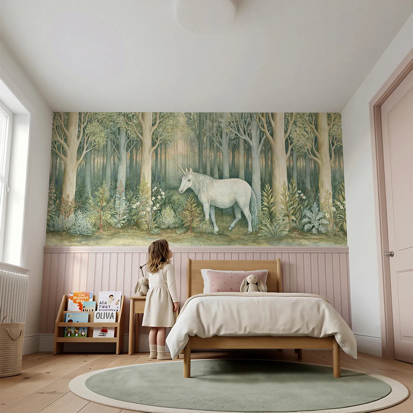 Child reading near Looking Back At The Edge Wainscoting Wallpaper by Whimsy Tots