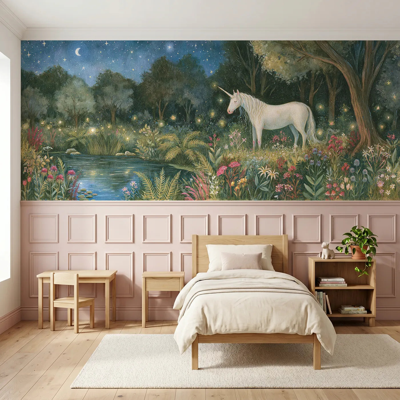Storybook wainscoting wallpaper of the pale shape at night by Whimsy Tots