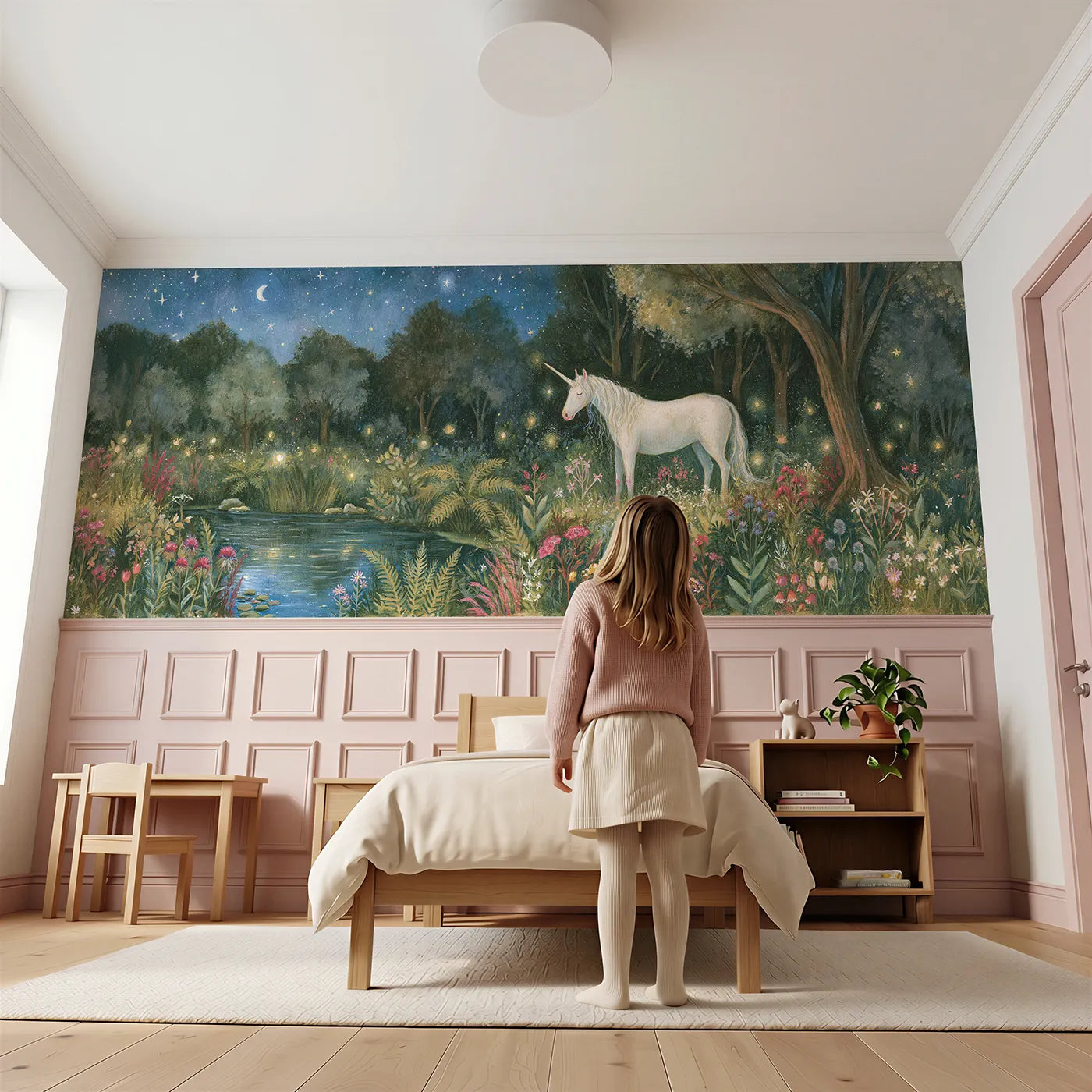 Child reading near The Pale Shape At Night Wainscoting Wallpaper by Whimsy Tots