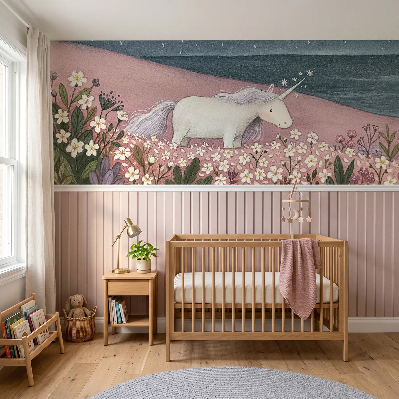 Colored pencil wainscoting wallpaper of on the blossom slope by Whimsy Tots
