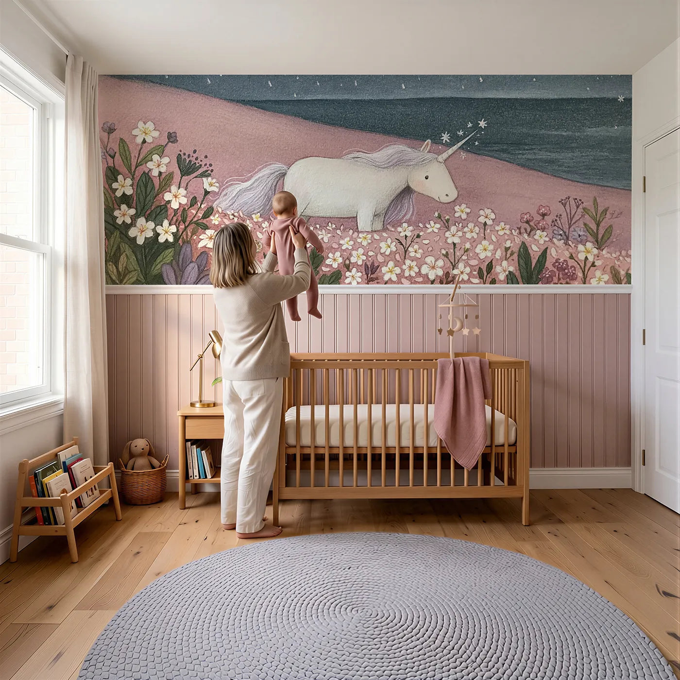 Child reading near On The Blossom Slope Wainscoting Wallpaper by Whimsy Tots
