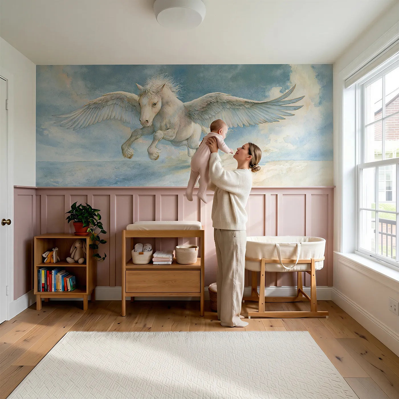 Child reading near Learning The Landing Wainscoting Wallpaper by Whimsy Tots