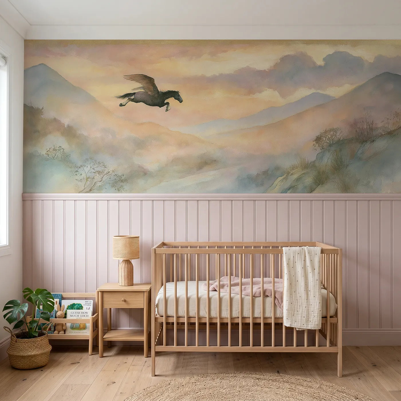 Watercolor wainscoting wallpaper of the long glide down by Whimsy Tots