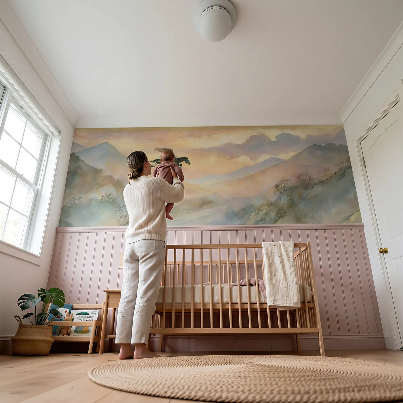 Child reading near The Long Glide Down Wainscoting Wallpaper by Whimsy Tots