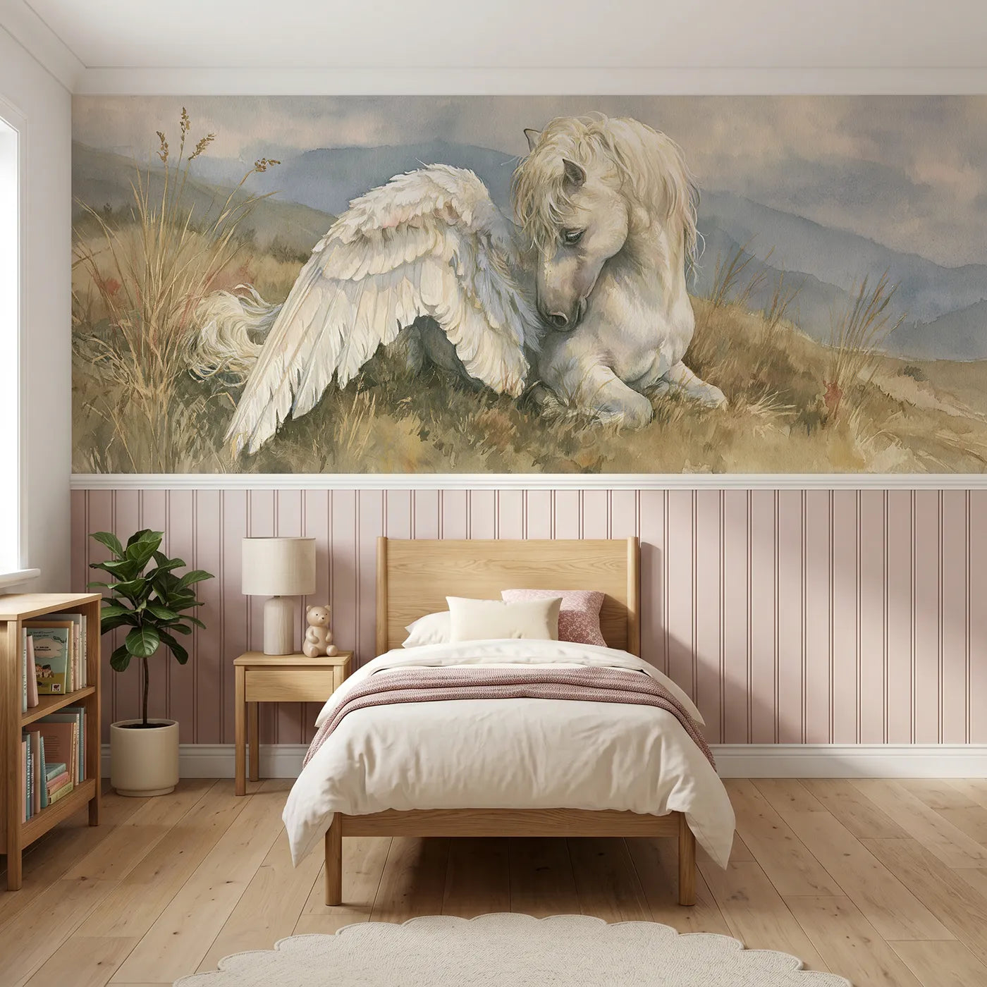 Watercolor wainscoting wallpaper of preening the white wing by Whimsy Tots