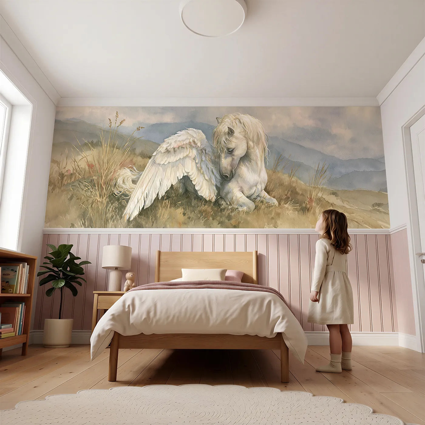 Child reading near Preening The White Wing Wainscoting Wallpaper by Whimsy Tots