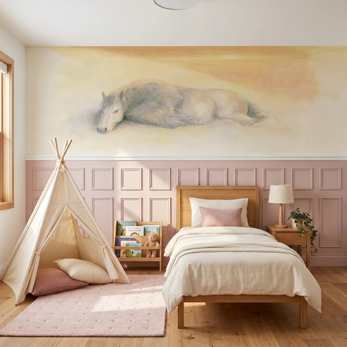 Soft pastel wainscoting wallpaper of resting wings folded by Whimsy Tots