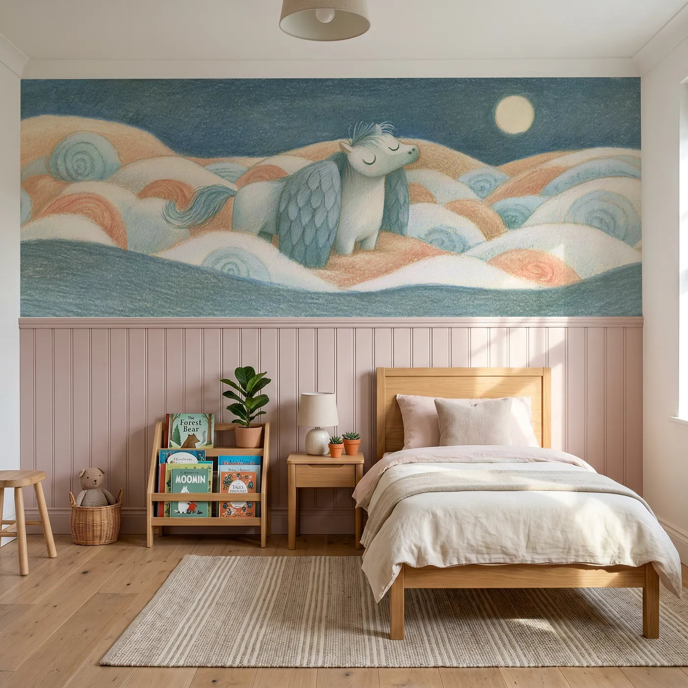 Colored pencil wainscoting wallpaper of asleep standing wings loose by Whimsy Tots
