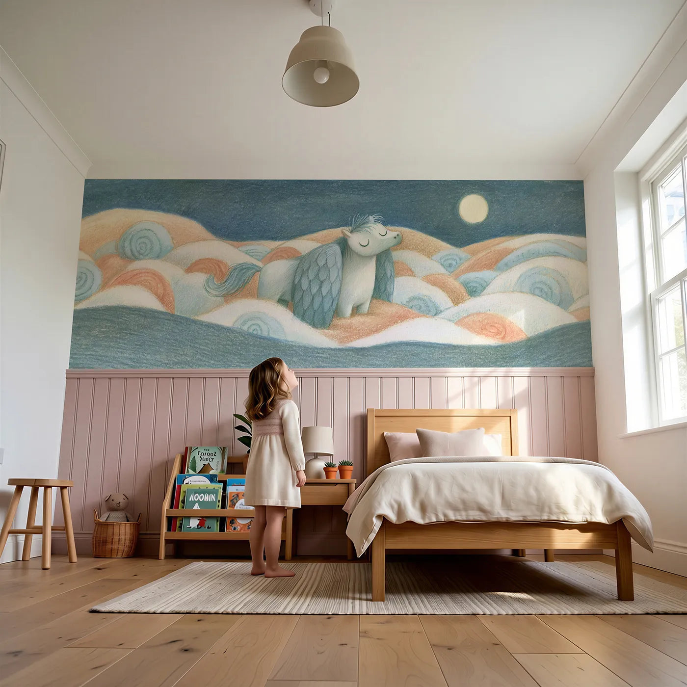 Child reading near Asleep Standing Wings Loose Wainscoting Wallpaper by Whimsy Tots