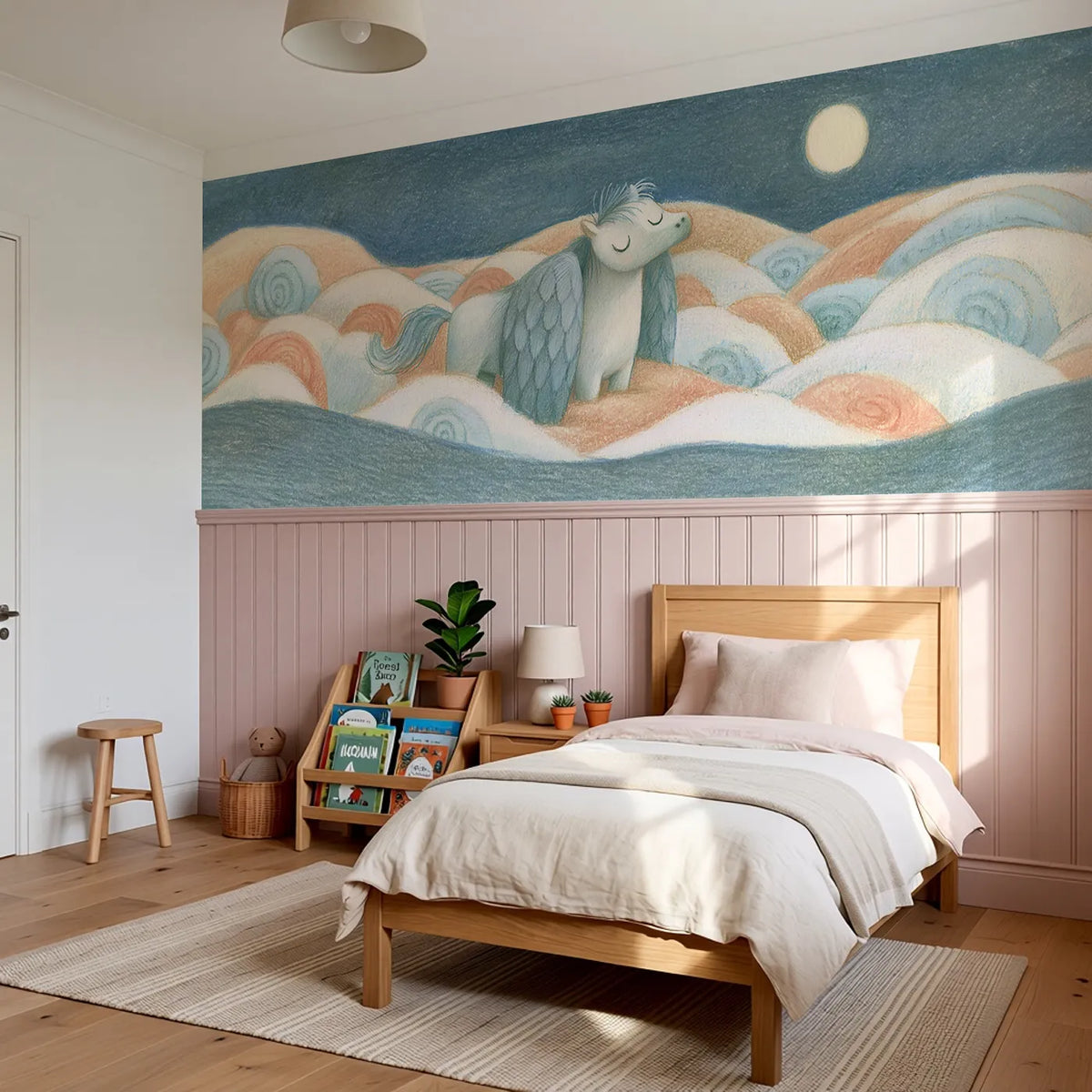 Asleep Standing Wings Loose Wainscoting Wallpaper styled in a kids room by Whimsy Tots