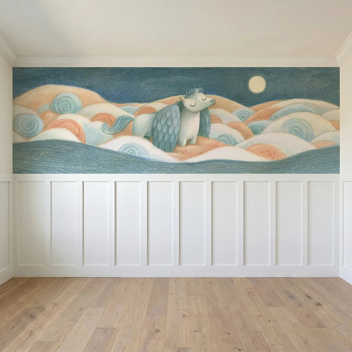Full panel view of Asleep Standing Wings Loose Wainscoting Wallpaper by Whimsy Tots